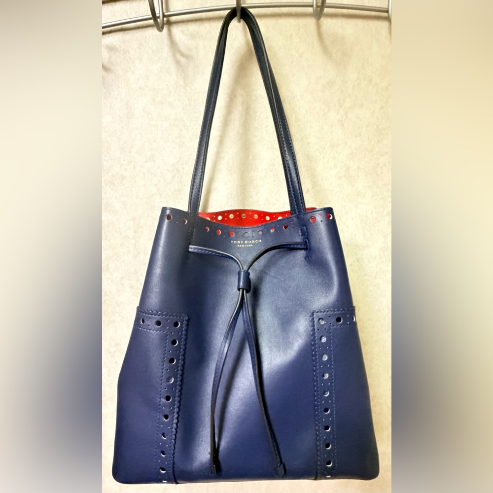 Tory Burch Block-T Brogue Drawstring Tote Shoulder Bag